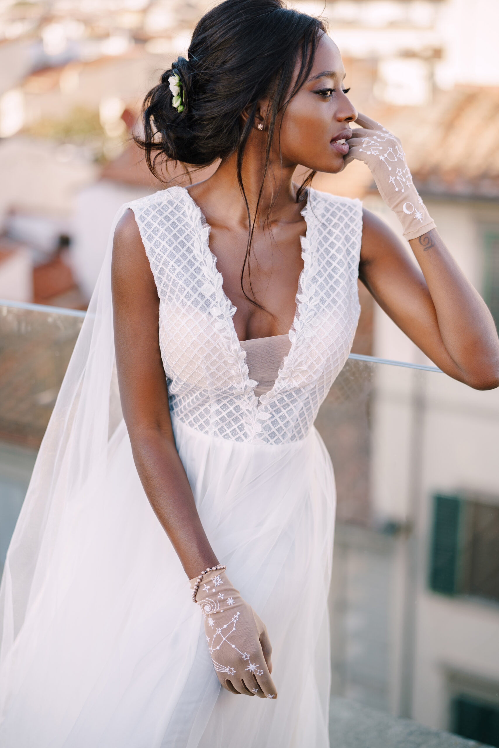Beautiful,African,American,Bride,In,A,White,Wedding,Dress,,Touches